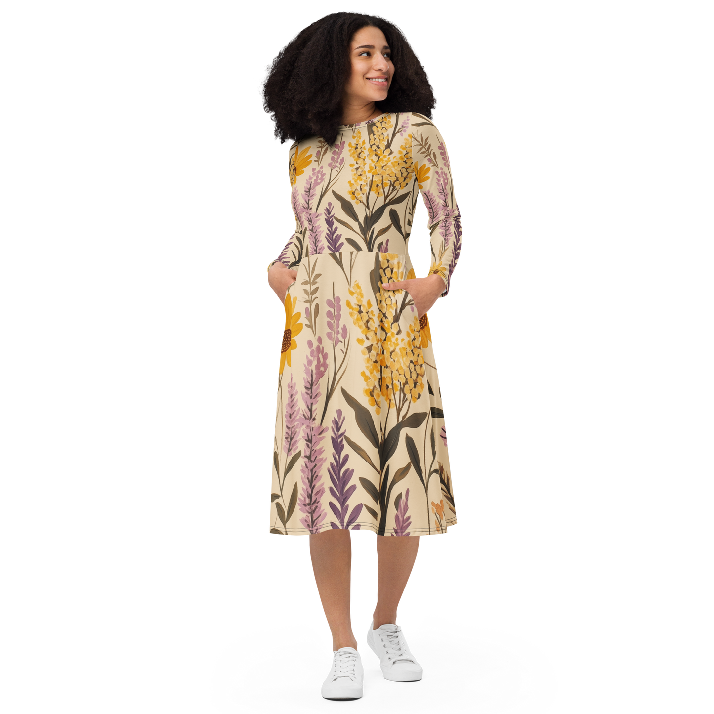 Elegant Floral Botanists Midi Long Sleeve Dress