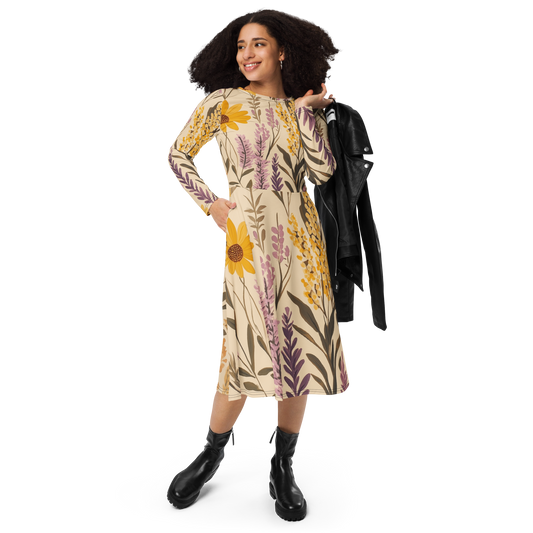 Elegant Floral Botanists Midi Long Sleeve Dress