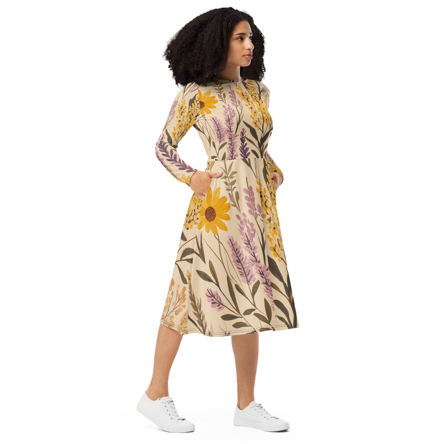 Elegant Floral Botanists Midi Long Sleeve Dress